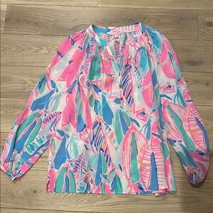 Lilly Pulitzer Pink and Blue Graphic Long Sleeve Blouse